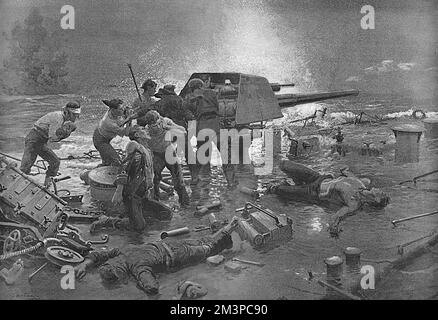 Un groupe de marins-armés britanniques s'est mis à tirer un dernier coup de feu sur un navire allemand alors que leur propre navire coule sous eux. La légende note que c'était un événement commun avec les croiseurs légers et les destroyers où leur construction légère les rendait responsables de la destruction par une seule coquille de dimensions modérées. Par exemple, huit destroyers ont été perdus à la bataille de Jutland. Date: 1919 Banque D'Images