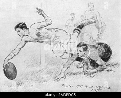 Une scène du match de rugby Angleterre / pays de Galles à Twickenham, a remporté 10-9 par l'Angleterre, dans le Championnat des cinq nations. Ici, Charles Pillman marque la deuxième tentative de l'Angleterre, gagnant une chasse au ballon. Date : 17 janvier 1914 Banque D'Images