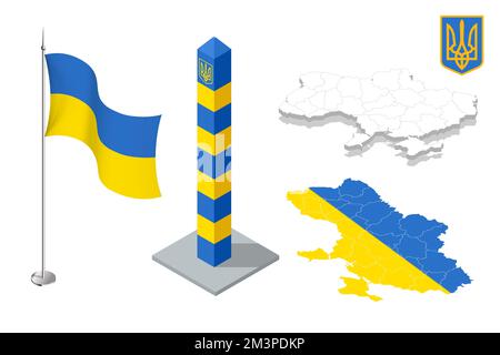 Ukraine isométrique armoiries, drapeau et carte. L'Ukraine est un pays d'Europe de l'est. Illustration de Vecteur