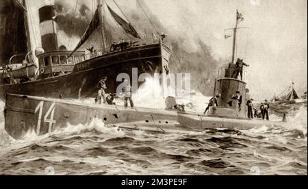 WW1 - SM U-14 était l'un des 329 sous-marins servant dans la Marine impériale allemande pendant la première Guerre mondiale Le 5th juin 1915, l'U-14 a été désactivé par des coups de feu de la part du chalutier britannique armé Oceanic II, et a sombré de Peterhead en position. Date: 1915 Banque D'Images