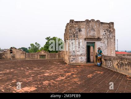 Terrasse de manoir art déco, Tamil Nadu, Karaikudi, Inde Banque D'Images