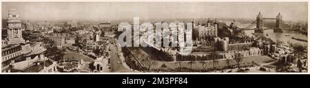 Prise de toute l'église Harrows, cette vue panoramique depuis le bâtiment de l'autorité du port de Londres, à gauche de Tower Bridge et de la rive sud de la Tamise, comprend l'ensemble de la Tour de Londres, qui couvre 13 hectares. Banque D'Images