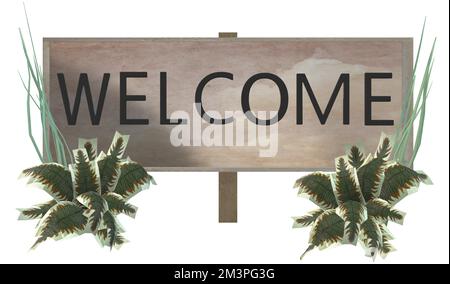 Panneau de bienvenue décoré de plantes vertes Illustration de Vecteur