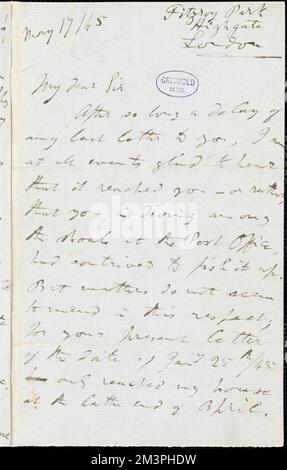 Richard Henry (Hengist) Horne, Londres, ing., lettre autographe signée à Edgar Allan PoE, 17 mai 1845 , littérature américaine, 19th Century, Histoire et critique, auteurs, American, 19th Century, correspondance, auteurs et éditeurs, Poets, American, 19th Century, correspondance, Browning, Elizabeth Barrett, 1806-1861. Papiers Rufus W. Griswold Banque D'Images