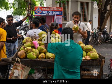 Jus de noix de coco en vente sur le marché, Pondicherry, Puducherry, Inde Banque D'Images