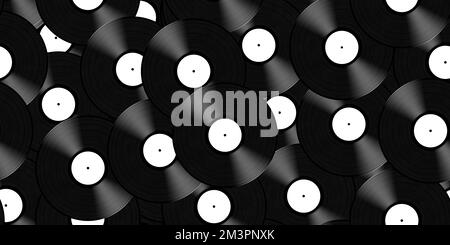 Pile ou pile sans couture de disques en vinyle noir vintage avec étiquettes blanches vierges. Fond musical rétro 60s, 70s ou 80s, DJ disc jockey ou enregistrement Banque D'Images