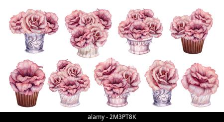 Aquarelle fleurs roses dessinées à la main dans des vases ensemble pour mariage, anniversaire, Saint-Valentin, fête des mères, fête des pères, cadeaux, autocollants. Banque D'Images