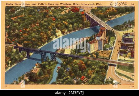 Rocky River Bridge et la vallée, montrant Westlake Hotel, Lakewood, Ohio , ponts, Villes et villages, Collection Tichnor Brothers, cartes postales des États-Unis Banque D'Images