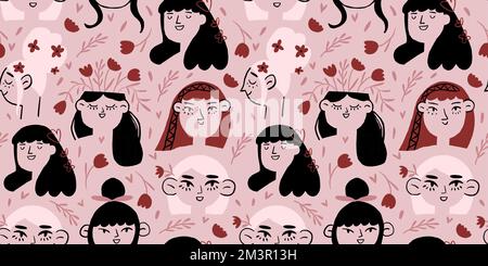 Motif vectoriel sans coutures avec visages blonds pour filles et fleurs dans la tête sur fond beige. Motif portrait de fille romantique. . Illustration vectorielle Illustration de Vecteur