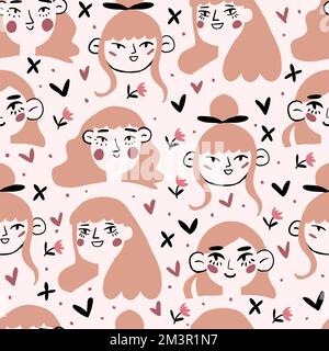 Motif vectoriel sans coutures avec visages blonds pour filles et fleurs dans la tête sur fond beige. Motif portrait de fille romantique. . Illustration vectorielle Illustration de Vecteur