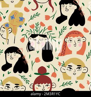 Motif vectoriel sans coutures avec visages blonds pour filles et fleurs dans la tête sur fond beige. Motif portrait de fille romantique. . Illustration vectorielle Illustration de Vecteur