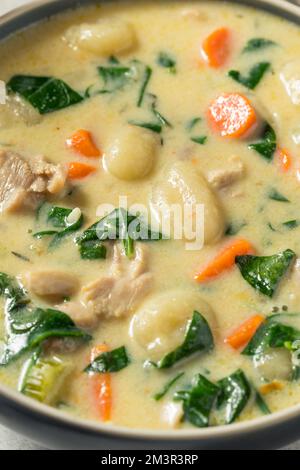 Soupe crémeuse de poulet et de gnocchi faite maison avec carottes et épinards Banque D'Images