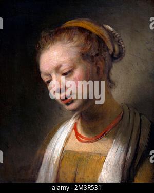 Jeune femme avec un collier rouge par Rembrandt van Rijn (1606-1669), huile sur bois, vers 1645 Banque D'Images