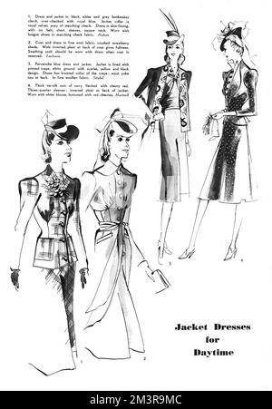 Éditorial de la mode pour le printemps à venir orné de quatre dessins de femmes portant des robes de jour de veste conçues par des designers célèbres. Les objets reproduits incluent une robe cintrée et une veste en velours royal de Rahvis, un manteau et une robe en laine fine de Lachasse, une robe et une veste en laine bleue de Victor Stiebel et un costume épais en soie de cravate de Norman Hartnell. Date: 1940 Banque D'Images