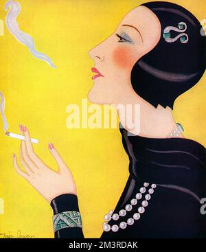 Superbe illustration de Gordon Conway représentant une femme élégante en noir portant un chapeau de cloche ajusté et quelques bijoux impressionnants d'émeraude, de diamant et de perle, profitant des plaisirs d'une cigarette solitaire. 1931 Banque D'Images