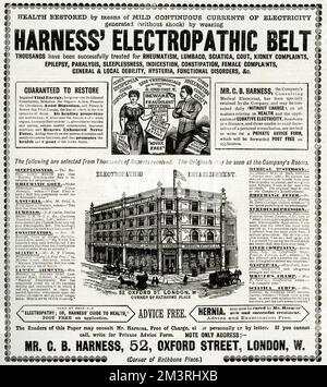 « La santé est rétablie grâce à des courants d'électricité légers et continus générés (sans choc) par le port de la « ceinture électropathique de harnais », des milliers ont été traités ». Établissement Electropathic, à Oxford Street, Londres. Banque D'Images