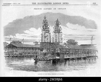 Le débarquement du prince Alfred, duc d'Édimbourg (1844-1900) à Colombo à Ceylan (Sri Lanka), pour sa visite en 1870. 1870 Banque D'Images