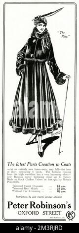 Publicité pour le manteau de garnissage de fourrure pour femmes Peter Robinson 1915 Banque D'Images