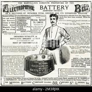 Publicité pour ceinture à batterie électropathique 1885 Banque D'Images