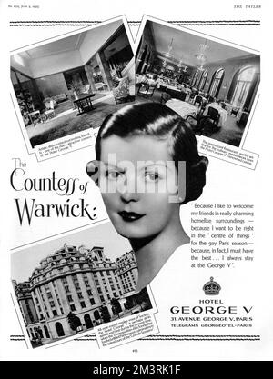 Publicité pour l'hôtel George V exclusif à Paris, endossée par 'IT' fille de l'époque, socialite la comtesse de Warwick, anciennement Miss Rose Bingham. Date: 1935 Banque D'Images