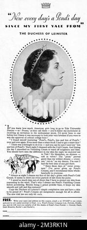 Publicité pour Pond's Cold Cream and Vanishing Cream avec l'aval de la duchesse de Leinster (socialite américaine, Agnes Rafaelle). Date: 1935 Banque D'Images
