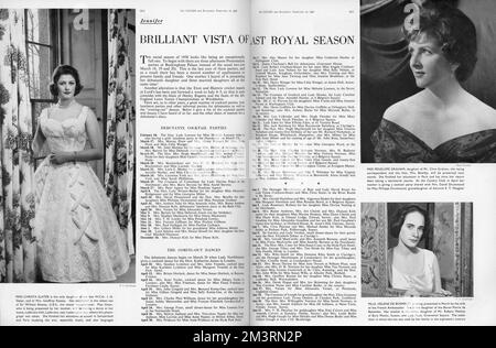 Superbe vue de la dernière saison royale. Double page étalée du magazine Tatler énumérant quelques-unes des danses à venir et des cocktails de debutante pour la saison de Londres 1958 - significatif en étant la dernière année où les debutantes ont été présentées au tribunal. On y retrouve également trois débits de cette année-là, Mlle Christa Slater, Mlle Penelope Graham et Mlle Mlle. Helene de Bosmelet. 1958 Banque D'Images