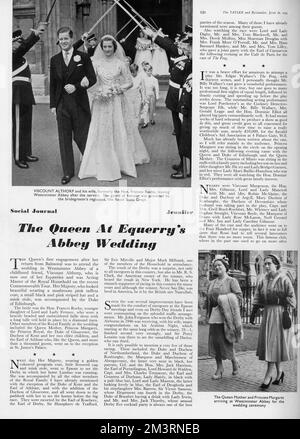 Page du Tatler faisant état du mariage du vicomte Althorp (plus tard Earl Spencer) et de l'honorable Frances Roche, les parents de Diana, princesse de Galles, qui se tiendra à l'abbaye de Westminster en juin 1954. Le mariage a été assisté par la Reine et d'autres membres de la famille royale - la Reine mère et la princesse Margaret peuvent être vus dans la photo en bas à droite. 1954 Banque D'Images