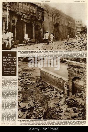 Page de la sphère sur la violence et le meurtre dévastateurs après la partition en Inde. Les photos montrent les séquelles après que Sikh jathas ait pillé, assassiné et brûlé des villes et des villes musulmanes. La photo du haut montre les ruines d'Amritsar et l'image du bas montre les corps d'hommes, de femmes et d'enfants musulmans assassinés dans la ville d'Hoshiarpur au Pendjab est. Date: 1947 Banque D'Images