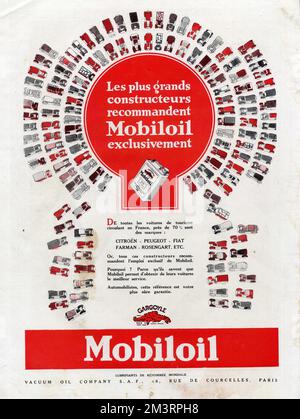 PUBLICITÉ ANCIENNE LES PLUS GRANDS CONSTRUCTEURS RECOMMANDENT MOBILOIL EXCLUSIVEMENT Banque D'Images