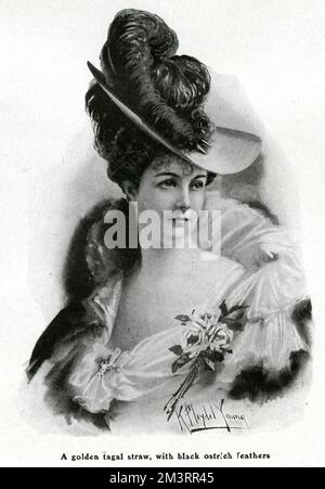 Chapeau de paille pour femmes avec plume d'autruche 1905 Banque D'Images