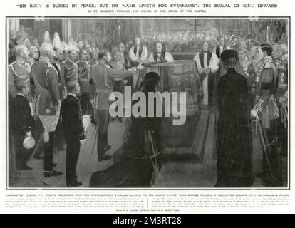 Service funéraire du roi Edward VII à St. George's, Windsor, cercueil descendant dans le passage souterrain menant à la voûte royale. Banque D'Images