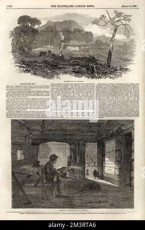 Page arrière de l'Illustrated London News, datée du 17th mars 1849, montrant l'intérieur et l'extérieur d'une cabane australienne de colons. Curieusement, la cabane présente une affiche annonçant la visite de la reine Victoria dans les comtés de Midland en Angleterre : peut-être un souvenir précieux de la maison. 1849 Banque D'Images