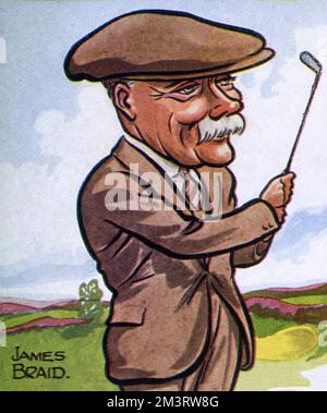 Clubs de golf et golfeurs - caricature en couleur de James Braid, le professionnel de club de Walton Heath et cinq fois vainqueur du Championnat d'Open 1932 Banque D'Images