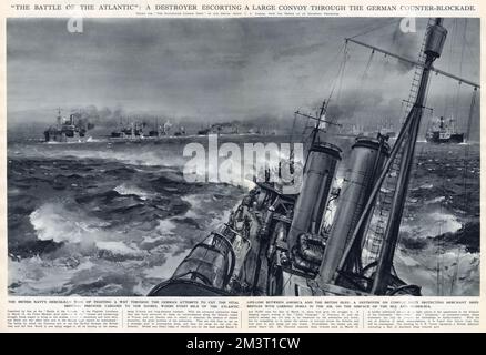 WW2 - destroyer escortant un grand convoi - Atlantique Banque D'Images