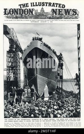 Le lancement de la RMS Mauretania a dévoilé le nom de Lady Bates, épouse du Président de l'étoile blanche Cunard qui se déroule au chantier de Cammell Laird, Birkenhead. Elle a été l'un des premiers navires construits pour la nouvelle société Cunard-White Star suite à la fusion en avril 1934 de la Cunard et de la White Star Line. Date : 28th juillet 1938 Banque D'Images