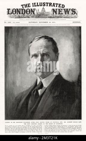 Andrew Bonar Law (1858 - 1923), politicien conservateur britannique qui a été Premier ministre du Royaume-Uni de 1922 à 1923 - montré ici comme le « nouveau » leader unioniste à la Chambre des communes en novembre 1911, prenant la relève d'Andrew Balfour. Banque D'Images