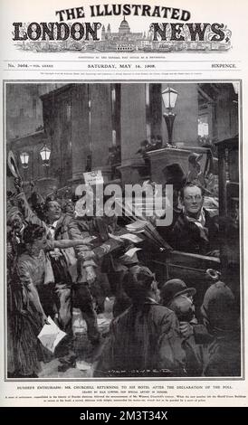 Winston Churchill, sa voiture entourée de foules joyeuses, retourne à son hôtel après avoir remporté l'élection partielle de Dundee en 1908. Notez la plaque votes pour les femmes en arrière-plan. Banque D'Images