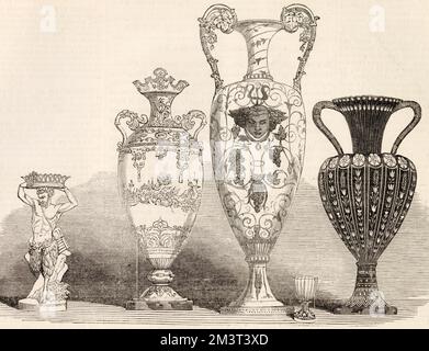 Une collection d'exemples de porcelaine de Sèvres présentée dans une exposition de fabrication française au 13 Hanover Square à Londres en décembre 1849. Banque D'Images