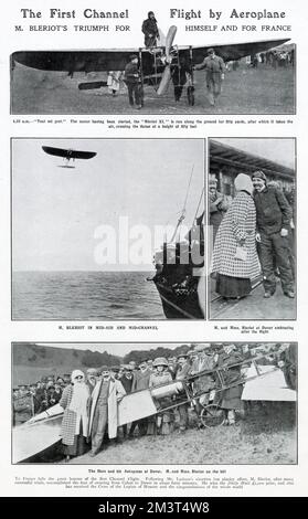 Louis Bleriot (1872 - 1936), aviateur, inventeur et ingénieur français. Plusieurs photos du premier vol réussi à travers la Manche, de Calais à Douvres en environ quarante minutes. En remportant le prix « Daily Mail » de £1 000 et en recevant également la Croix de la Légion d'honneur. Date : 25th juillet 1909 Banque D'Images