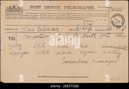 Sanerbrei Directeur télégramme à [Victoria Woodhull] Martin, Las Palmas, [îles Canaries], 18 mars 1897 , Féministes, États-Unis, suffragistes. Victoria Woodhull Martin Papers Banque D'Images