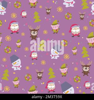 Motif de Noël à la main sans couture avec père Noël, bonhomme de neige, orf et renne sur fond violet. Illustration de Vecteur