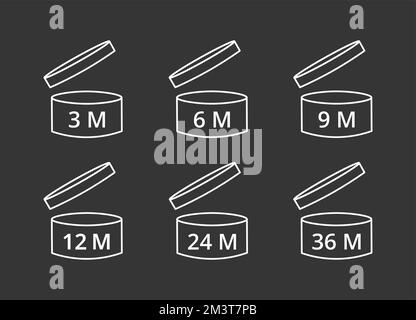 Icônes période après ouverture sur fond noir. Concept des étiquettes et des produits. Illustration de Vecteur