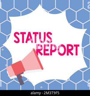 Affiche textuelle affichant le rapport d'état. Mise à jour conceptuelle de la photo Résumé des situations à partir d'une période de temps Banque D'Images