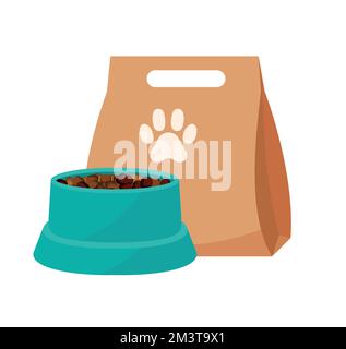Nourriture pour animaux de compagnie de dessin animé. Emballage pour chiens et chats. Concept de l'alimentation des animaux domestiques. Boîte et boîte. Assiette à repas. Chiots os. Boutique VET. Convoyeur canin. Chien Illustration de Vecteur