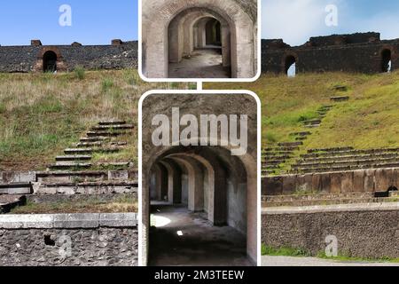 Intérieur en structure elliptique d'amphithéâtre, capacité de 20000 personnes, Roman Anfiteatro di Pompéi, Pompéi, site classé au patrimoine mondial de l'UNESCO, Campanie, Italie, Europe Banque D'Images