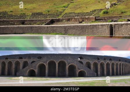 Intérieur en structure elliptique d'amphithéâtre, capacité de 20000 personnes, Roman Anfiteatro di Pompéi, Pompéi, site classé au patrimoine mondial de l'UNESCO, Campanie, Italie, Europe Banque D'Images