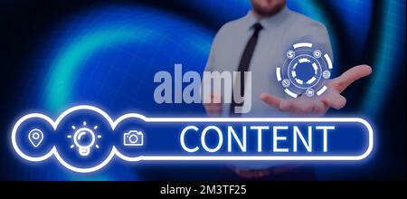 Affiche affichant le contenu. Mot pour les choses inclus dans quelque chose matériel de marketing État du bonheur Banque D'Images