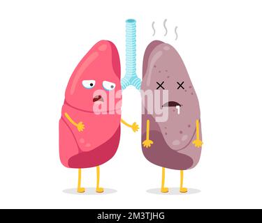 Poumons caractères sains et malsains comparaison. Paire de poumons humains en bon état et en mauvais état. Caricature appareil respiratoire humain mascotte d'organe interne peur et maladie triste. Des moutons forts et endommagés Illustration de Vecteur