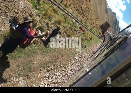 15 novembre 2006 - en route vers Puno, Pérou - sur le côté des voies de chemin de fer, une femme tient un jouet de lama fait à la main pour 'gringos' (étrangers) voyageant dans un train de Peru Rail à acheter, lors d'un bref arrêt dans le sud du Pérou. Ce train touristique emmène les visiteurs à Puno, la plus grande ville près de Lago Titicaca, de Cusco, le point de départ pour de nombreuses visites aux ruines incas de Machu Picchu. Peru Rail relie également Cusco à Aguas Calientes, qui est à la base de Machu Picchu, ce qui permet aux touristes de voir plus facilement et plus rapidement l'ancien site sans faire la randonnée de quatre jours de la 'Inka Trail'. (Crédit Banque D'Images