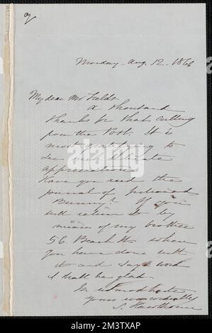 Sophia Hawthorne note autographe signée à James Thomas Fields, [Concord], 12 août 1866 , épouses des auteurs, femmes auteurs, American, auteurs, Américain, 19th siècle, correspondance Banque D'Images